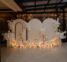 Load image into Gallery viewer, Three white backdrops / arches & 11 x White flowers - Deluxe Package - HIRE ONLY