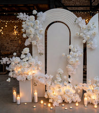 Load image into Gallery viewer, Three white backdrops / arches & 11 x White flowers - Deluxe Package - HIRE ONLY