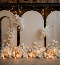 Load image into Gallery viewer, Three white backdrops / arches & 11 x White flowers - Deluxe Package - HIRE ONLY