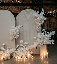 Load image into Gallery viewer, Three white backdrops / arches & 11 x White flowers - Deluxe Package - HIRE ONLY