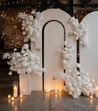 Load image into Gallery viewer, Three white backdrops / arches & 11 x White flowers - Deluxe Package - HIRE ONLY