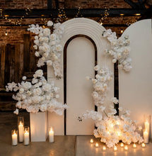 Load image into Gallery viewer, Three white backdrops / arches & 11 x White flowers - Deluxe Package - HIRE ONLY