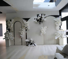 Load image into Gallery viewer, Three white backdrops / arches & 9 x Black/White flowers - Deluxe Package - HIRE ONLY