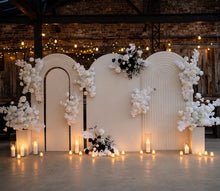 Load image into Gallery viewer, Three white backdrops / arches & 9 x Black/White flowers - Deluxe Package - HIRE ONLY