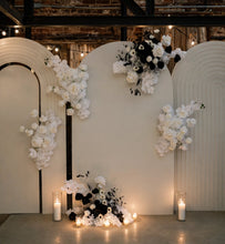 Load image into Gallery viewer, Three white backdrops / arches & 9 x Black/White flowers - Deluxe Package - HIRE ONLY