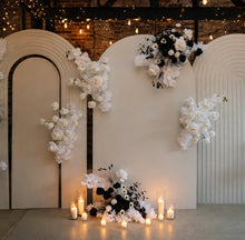 Load image into Gallery viewer, Three white backdrops / arches & 9 x Black/White flowers - Deluxe Package - HIRE ONLY