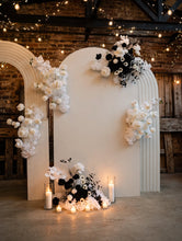 Load image into Gallery viewer, Three white backdrops / arches & 9 x Black/White flowers - Deluxe Package - HIRE ONLY