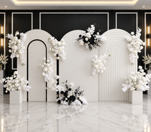 Load image into Gallery viewer, Three white backdrops / arches & 9 x Black/White flowers - Deluxe Package - HIRE ONLY