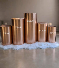 Load image into Gallery viewer, Rose Gold cylinder plinth cake or flower stand - 90cm - HIRE ONLY
