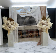 Load image into Gallery viewer, Boho urns & white mesh Birthday package w rug - HIRE ONLY
