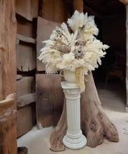 Load image into Gallery viewer, Boho urns & white mesh Roman columns & Queen peacock chair - HIRE ONLY