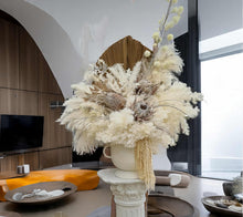 Load image into Gallery viewer, Boho urns & white mesh Roman columns & Queen peacock chair - HIRE ONLY