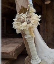 Load image into Gallery viewer, Boho urns & white mesh Roman columns & Queen peacock chair - HIRE ONLY
