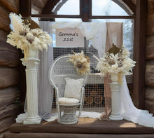 Load image into Gallery viewer, Boho urns & white mesh Roman columns & white peacock chair - HIRE ONLY