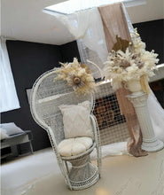 Load image into Gallery viewer, Boho urns & white mesh Roman columns & white peacock chair - HIRE ONLY