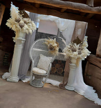 Load image into Gallery viewer, Boho urns & white mesh Roman columns & white peacock chair - HIRE ONLY
