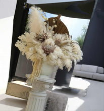 Load image into Gallery viewer, Boho urns & white mesh Roman columns & white peacock chair - HIRE ONLY