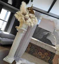 Load image into Gallery viewer, Boho urns & white mesh Roman columns & white peacock chair - HIRE ONLY