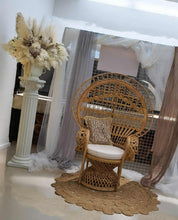 Load image into Gallery viewer, Boho urns & white mesh Roman columns & Queen peacock chair - HIRE ONLY