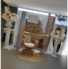 Load image into Gallery viewer, Boho urns & white mesh Roman columns & Queen peacock chair - HIRE ONLY