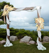 Load image into Gallery viewer, Rustic Wooden Arbour arch with 2 x boho flowers - HIRE ONLY