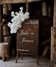 Load image into Gallery viewer, Rustic wooden easel with white flowers - Welcome sign - HIRE ONLY