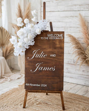 Load image into Gallery viewer, Rustic wooden easel with white flowers - Welcome sign - HIRE ONLY