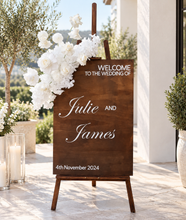 Load image into Gallery viewer, Rustic wooden easel with white flowers - Welcome sign - HIRE ONLY