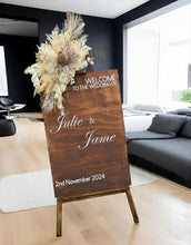 Load image into Gallery viewer, Rustic wooden easel with boho flowers - Welcome sign - HIRE ONLY