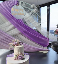 Load image into Gallery viewer, White & purple double circle backdrop package w flowers and plinth - HIRE ONLY