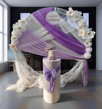 Load image into Gallery viewer, White & purple double circle backdrop package w flowers and plinth - HIRE ONLY