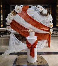 Load image into Gallery viewer, White & orange double circle backdrop package w flowers and plinth - HIRE ONLY