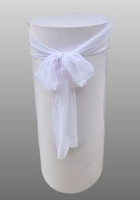 Load image into Gallery viewer, White cylinder plinth cake or flower stand - 90cm with bow - HIRE ONLY