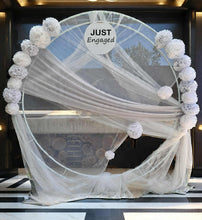 Load image into Gallery viewer, White & light grey double circle backdrop and flowers - HIRE ONLY