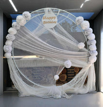Load image into Gallery viewer, White & light grey double circle backdrop and flowers - HIRE ONLY