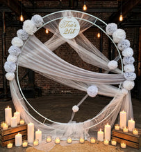 Load image into Gallery viewer, White & light grey double circle backdrop and flowers - HIRE ONLY