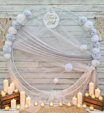 Load image into Gallery viewer, White & light grey double circle backdrop and flowers - HIRE ONLY