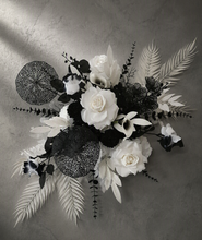 Load image into Gallery viewer, Black arch / backdrop and black & white flowers - HIRE ONLY