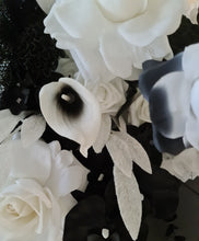 Load image into Gallery viewer, Black & White hanging flowers for backdrop, arch, arbour - HIRE ONLY
