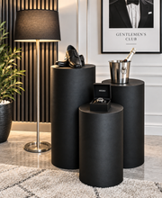 Load image into Gallery viewer, Set of 3 Black Cylinder Plinths – Grooms Preparation Room - HIRE ONLY