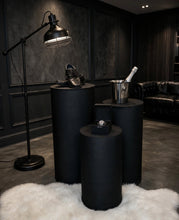 Load image into Gallery viewer, Set of 3 Black Cylinder Plinths – Grooms Preparation Room - HIRE ONLY