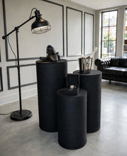 Load image into Gallery viewer, Set of 3 Black Cylinder Plinths – Grooms Preparation Room - HIRE ONLY