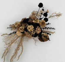 Load image into Gallery viewer, Black & Gold Backdrop Arbour Easel Welcome sign Hanging Flowers - HIRE ONLY