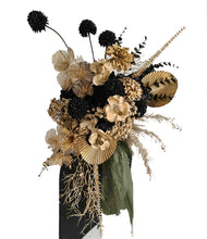 Load image into Gallery viewer, Black & Gold Backdrop Arbour Easel Welcome sign Hanging Flowers - HIRE ONLY