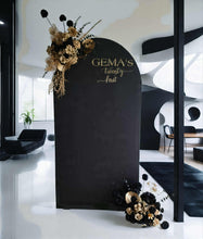 Load image into Gallery viewer, Black & Gold Backdrop Arbour Easel Welcome sign Hanging Flowers - HIRE ONLY