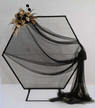 Load image into Gallery viewer, Black Hexagonal mesh backdrop and black & gold flowers - HIRE ONLY