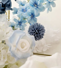 Load image into Gallery viewer, Blue & white hanging flowers for backdrop, arch, arbour - HIRE ONLY