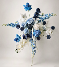 Load image into Gallery viewer, White rectangular backdrop 2.1m & blue flowers - HIRE ONLY