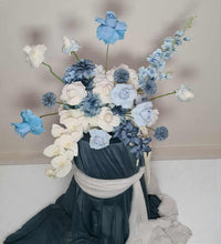 Load image into Gallery viewer, Double arch / backdrop 2 x white blue flowers & plinths Package - HIRE ONLY