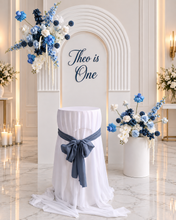 Load image into Gallery viewer, Double arch / backdrop 2 x white blue flowers & plinths Package - HIRE ONLY
